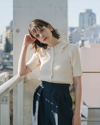 【Easy-Care】Mini Frill Collar Half Sleeve Rib Knit