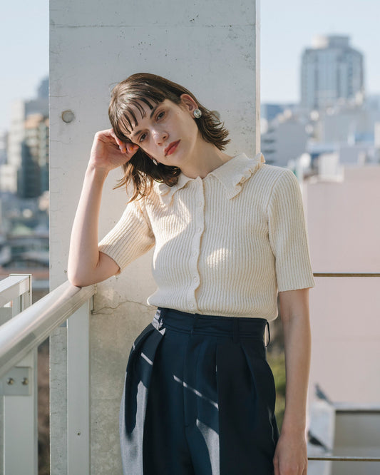 【Easy-Care】Mini Frill Collar Half Sleeve Rib Knit