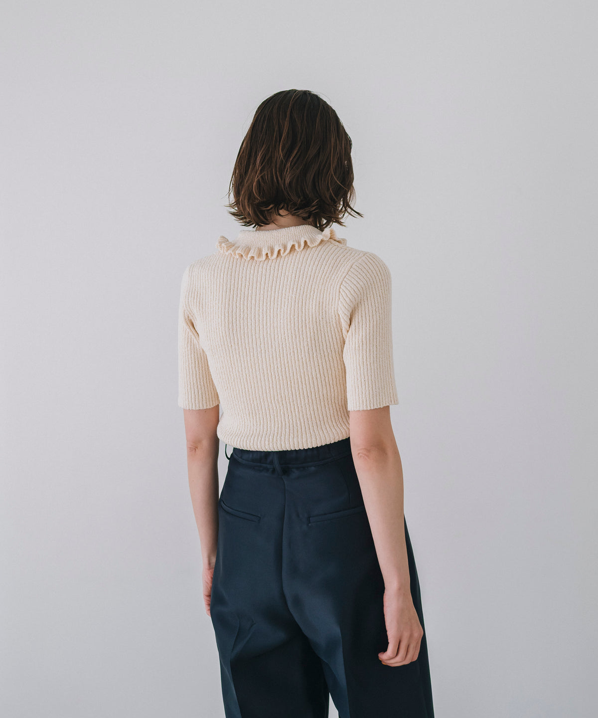 【Easy-Care】Mini Frill Collar Half Sleeve Rib Knit