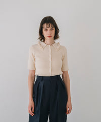 【Easy-Care】Mini Frill Collar Half Sleeve Rib Knit