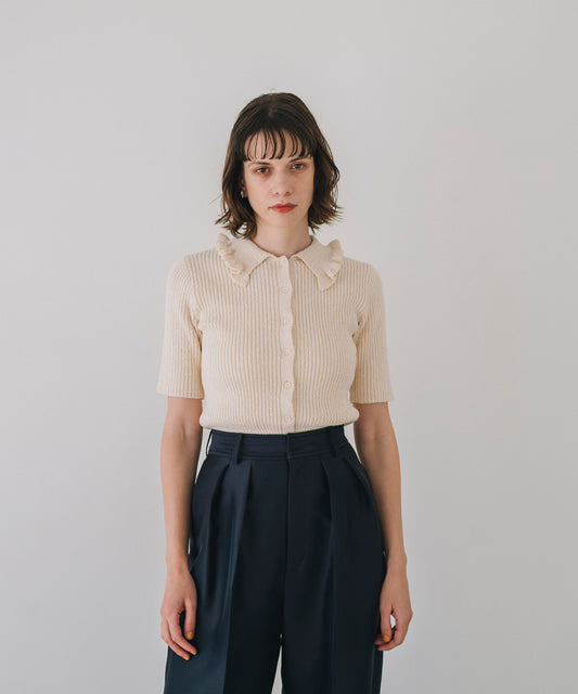【Easy-Care】Mini Frill Collar Half Sleeve Rib Knit