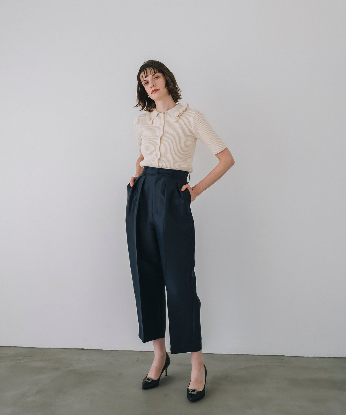 【Easy-Care】Mini Frill Collar Half Sleeve Rib Knit