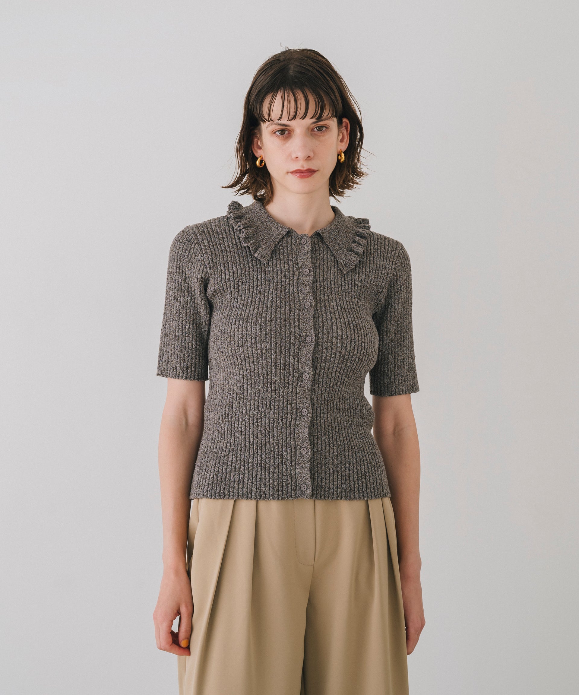 【Easy-Care】Mini Frill Collar Half Sleeve Rib Knit