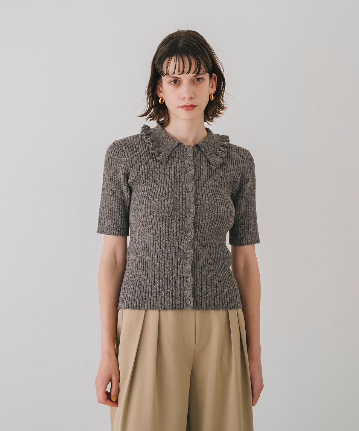 【Easy-Care】Mini Frill Collar Half Sleeve Rib Knit