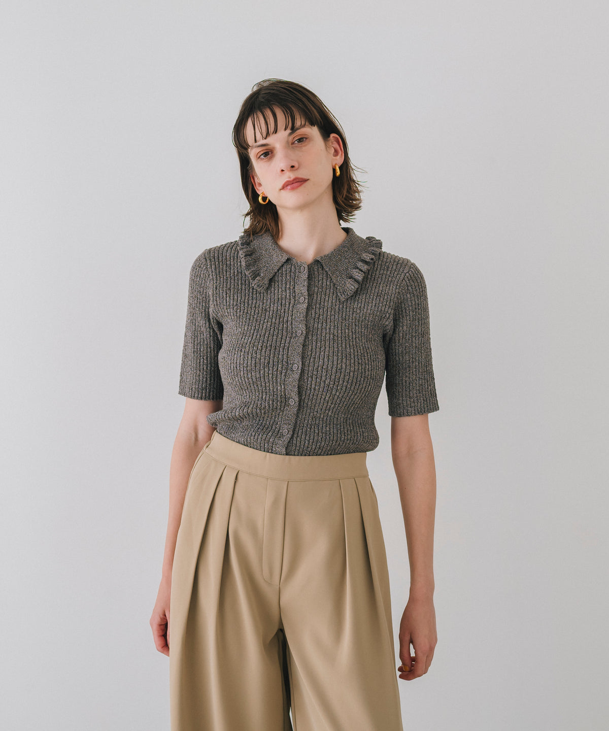 【Easy-Care】Mini Frill Collar Half Sleeve Rib Knit