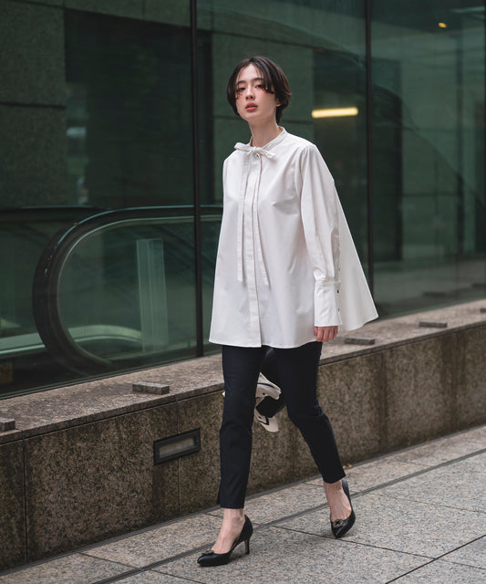 【Water Repellent】Slim Tie Flare Blouse