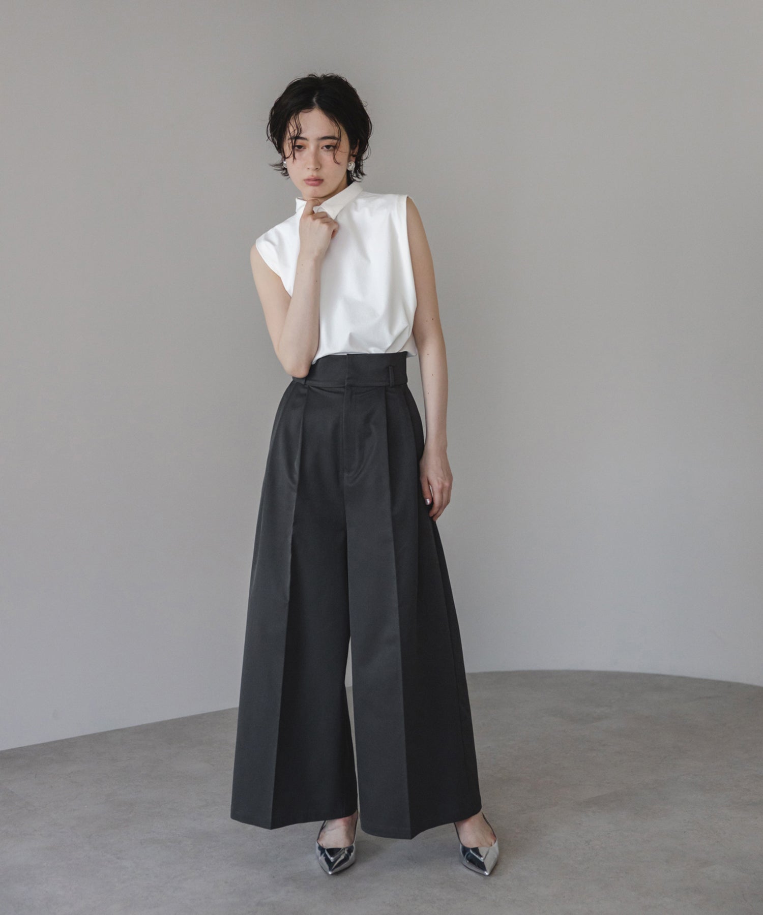 【Wrinkle Prevention】High Waist  Ｗide Pants