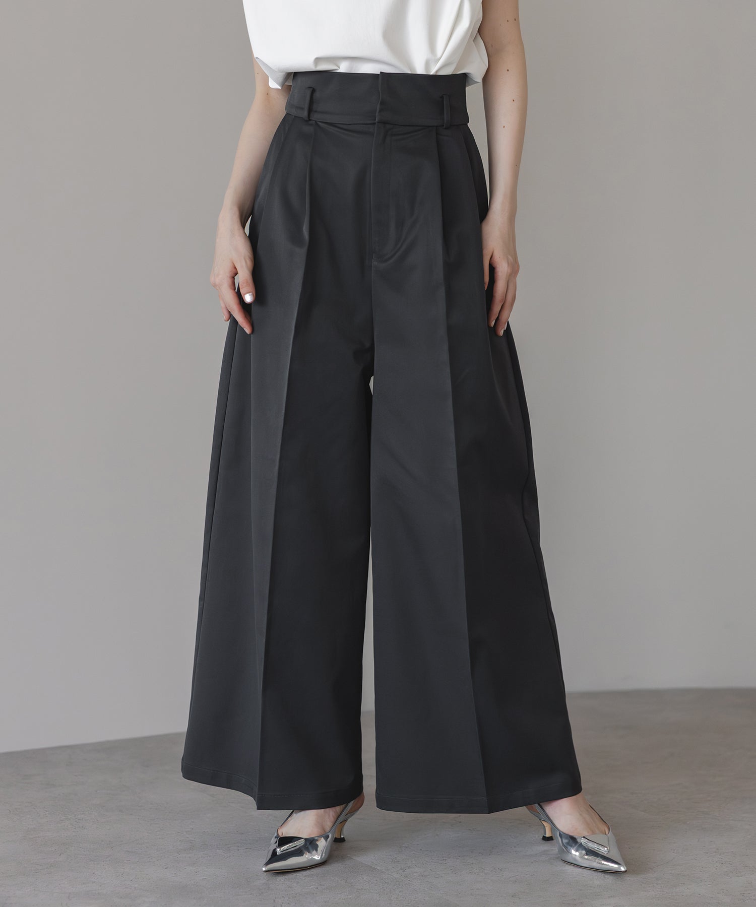 【Wrinkle Prevention】High Waist  Ｗide Pants
