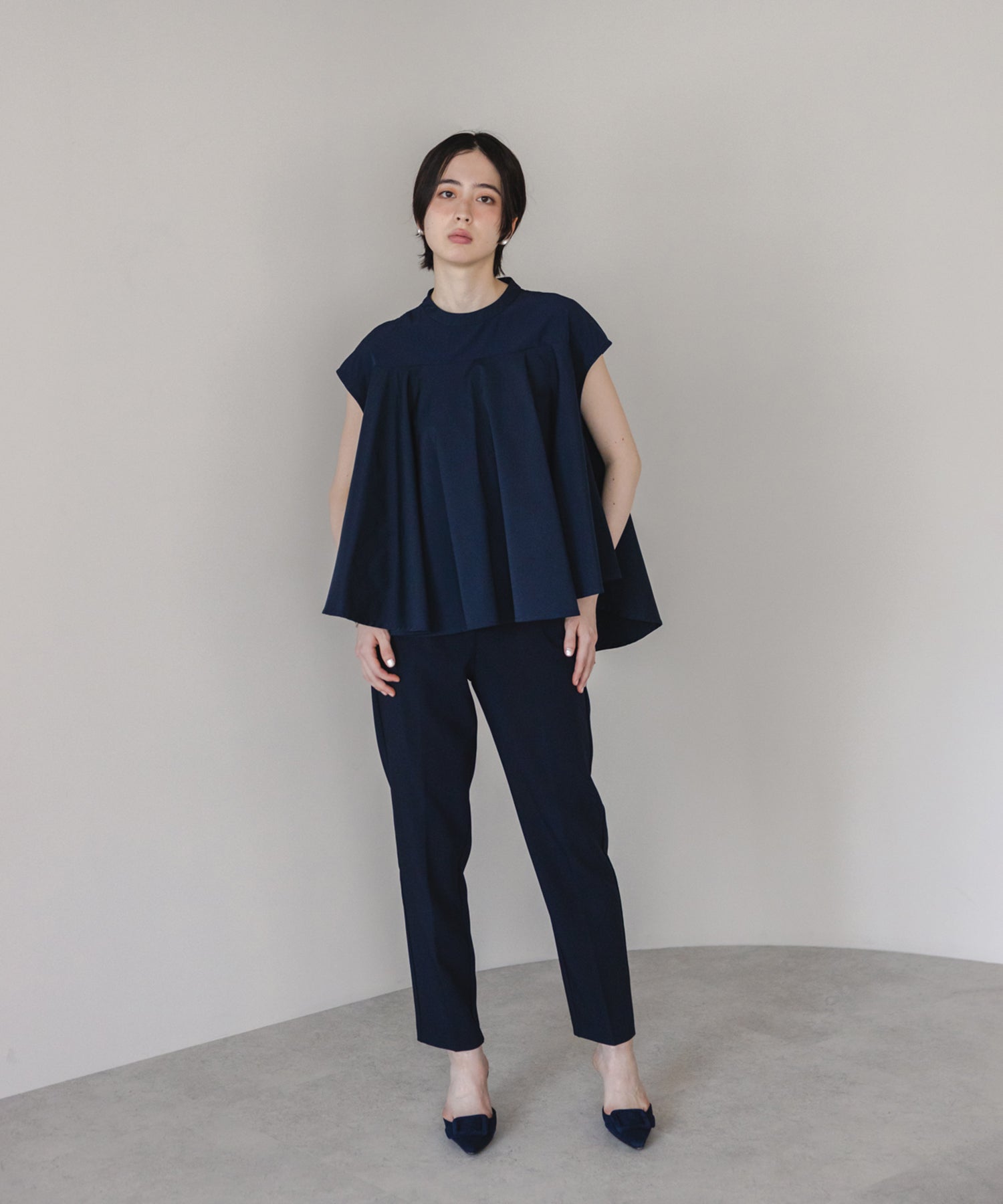 【Water-Repellent】Sheer Docking French Sleeve Blouse