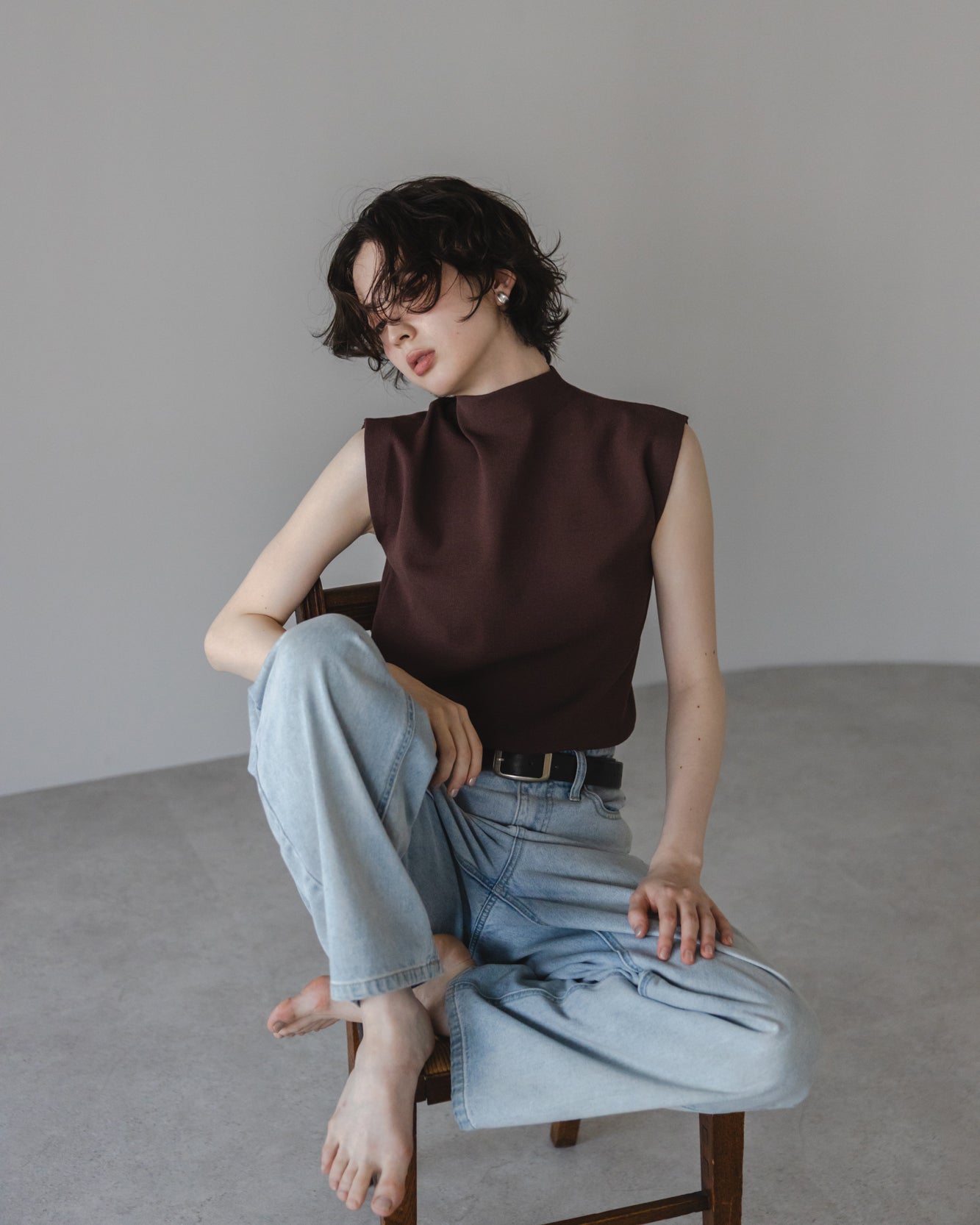 【Machine Washable】Hight Neck Sleeve Less Knit
