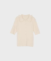 【Easy-Care】Mini Frill Collar Half Sleeve Rib Knit