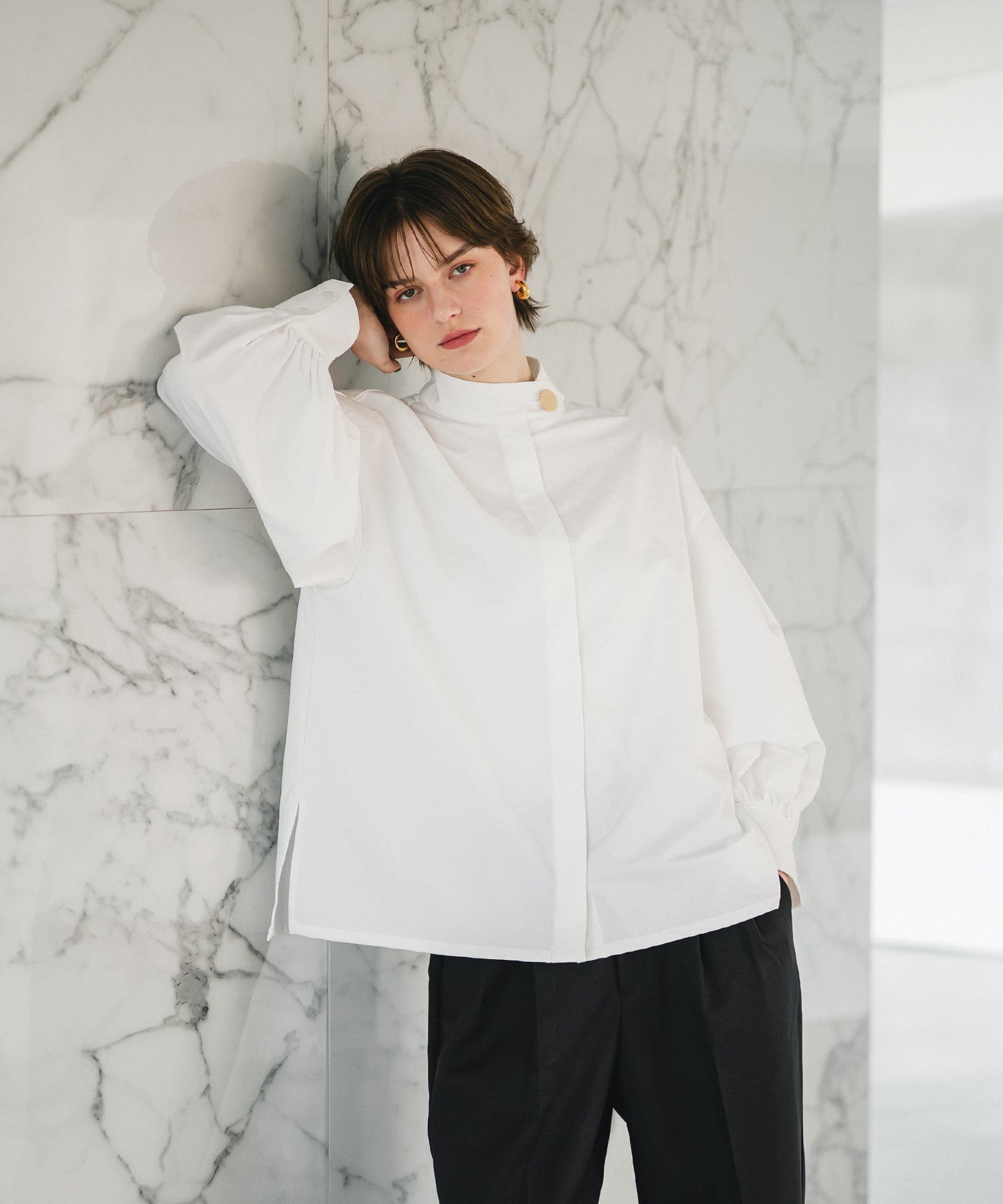 Gold Button Volume Sleeve Blouse