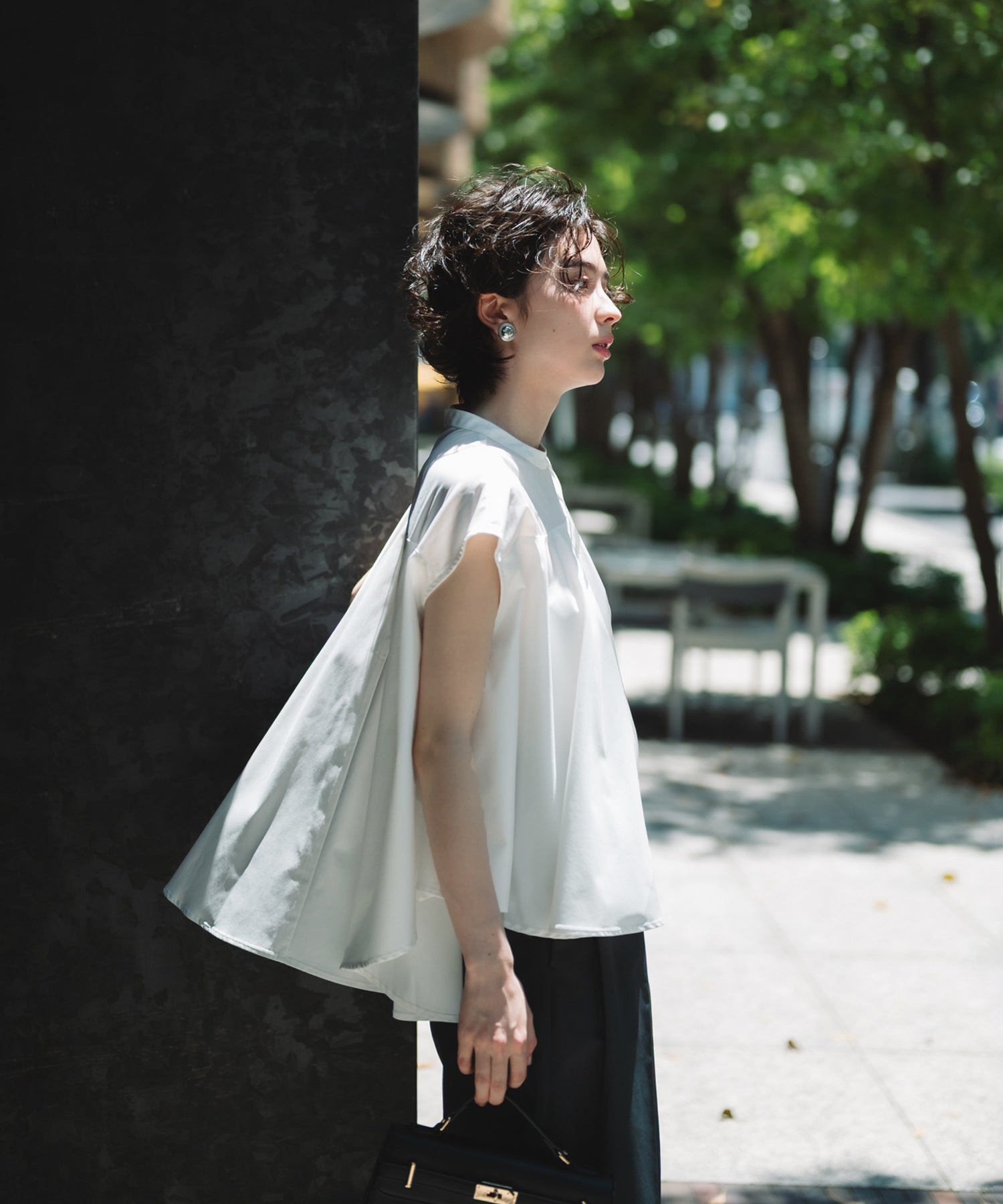 【Water-Repellent】Sheer Docking French Sleeve Blouse