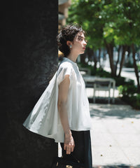 【Water-Repellent】Sheer Docking French Sleeve Blouse
