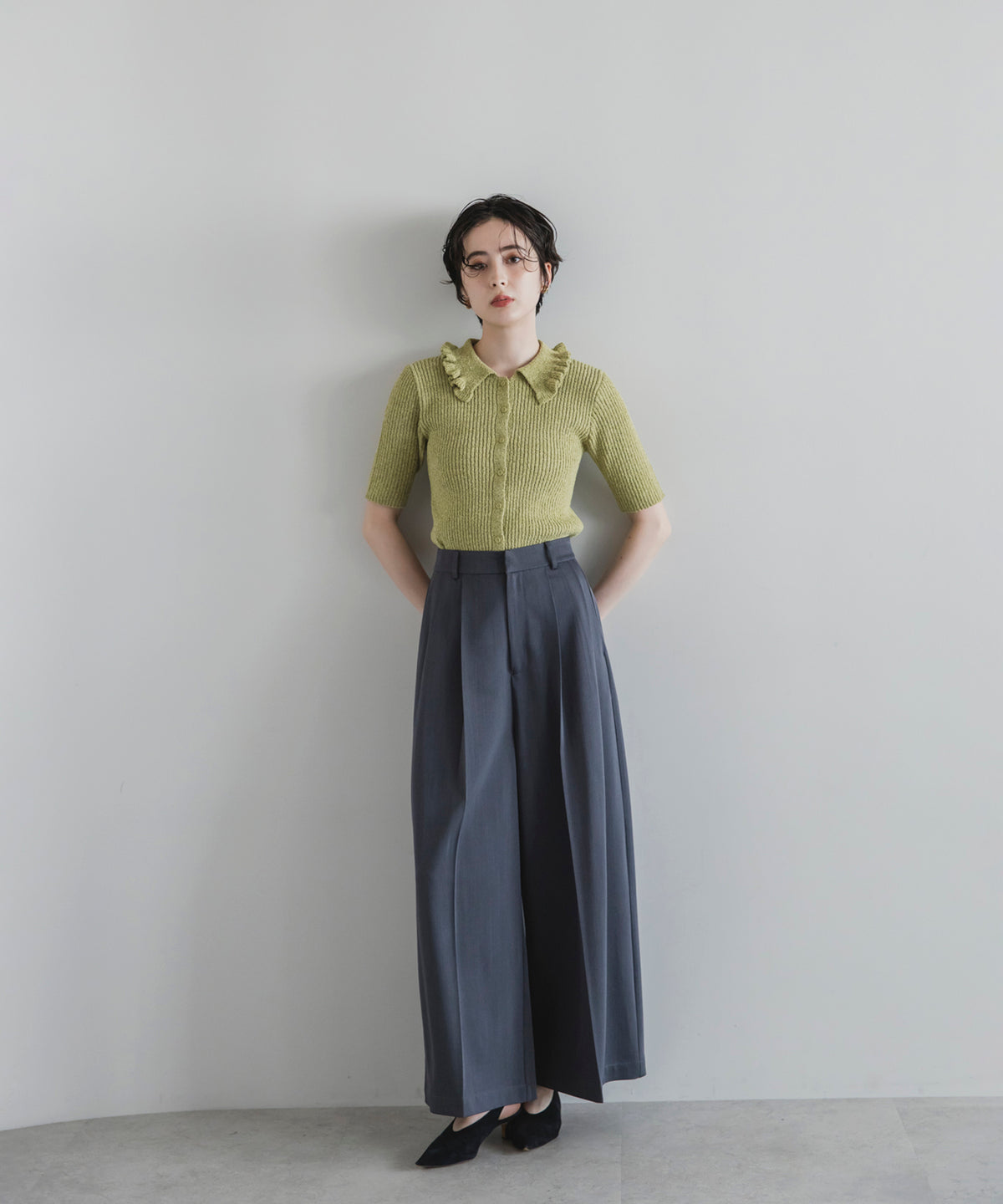 【Easy-Care】Mini Frill Collar Half Sleeve Rib Knit