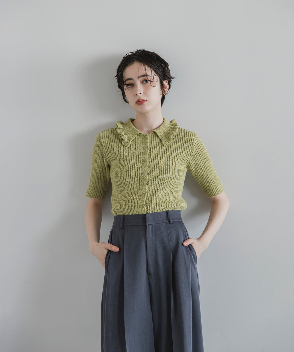 【Easy-Care】Mini Frill Collar Half Sleeve Rib Knit