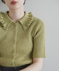 【Easy-Care】Mini Frill Collar Half Sleeve Rib Knit