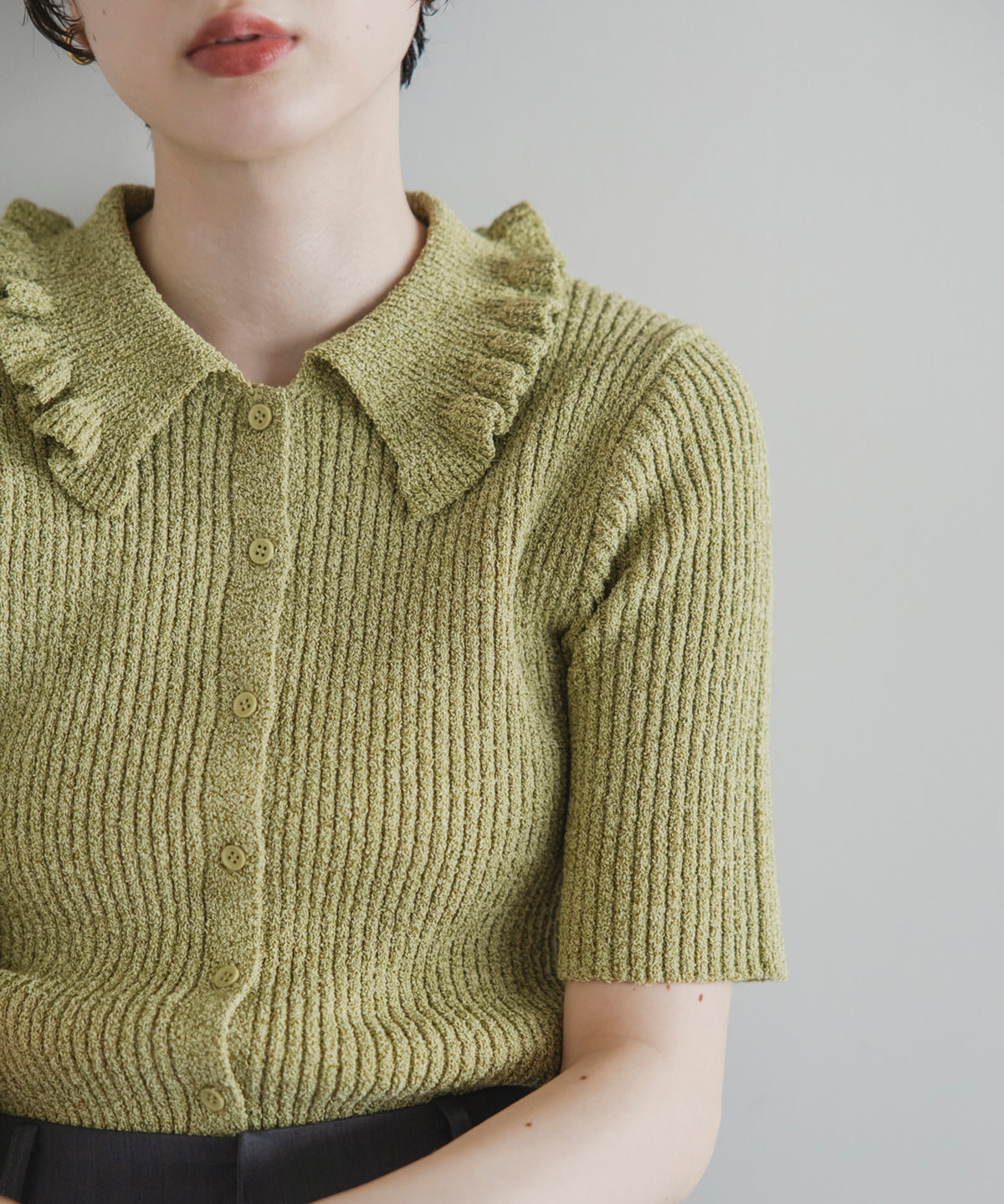 【Easy-Care】Mini Frill Collar Half Sleeve Rib Knit