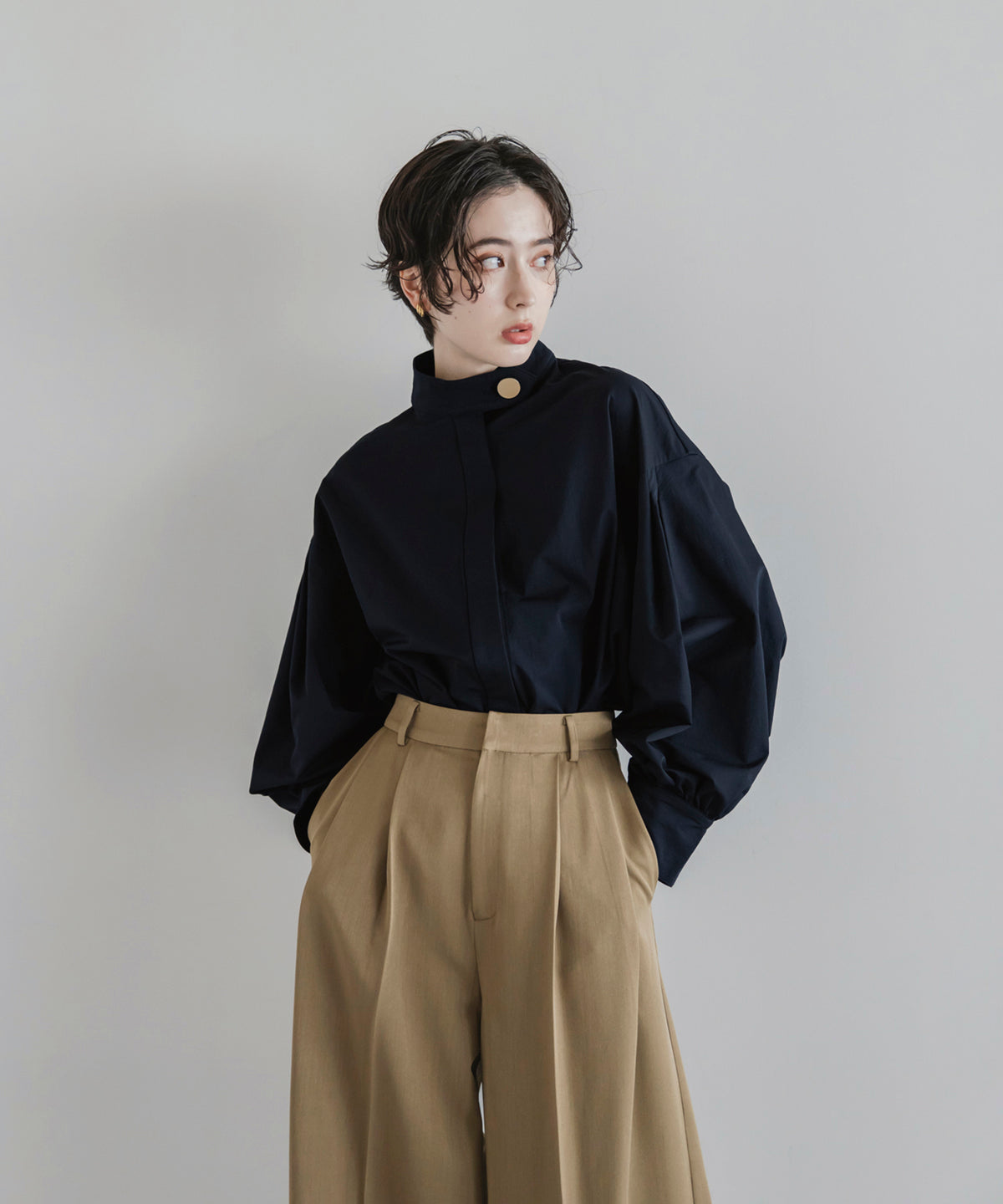 Gold Button Volume Sleeve Blouse